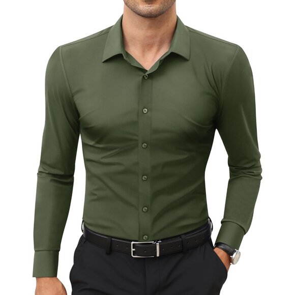 Men Grass Green Long Sleeve Slim Muscle Fit Wrinkle Free Button Down Dress Shirt - Picture 1 of 9